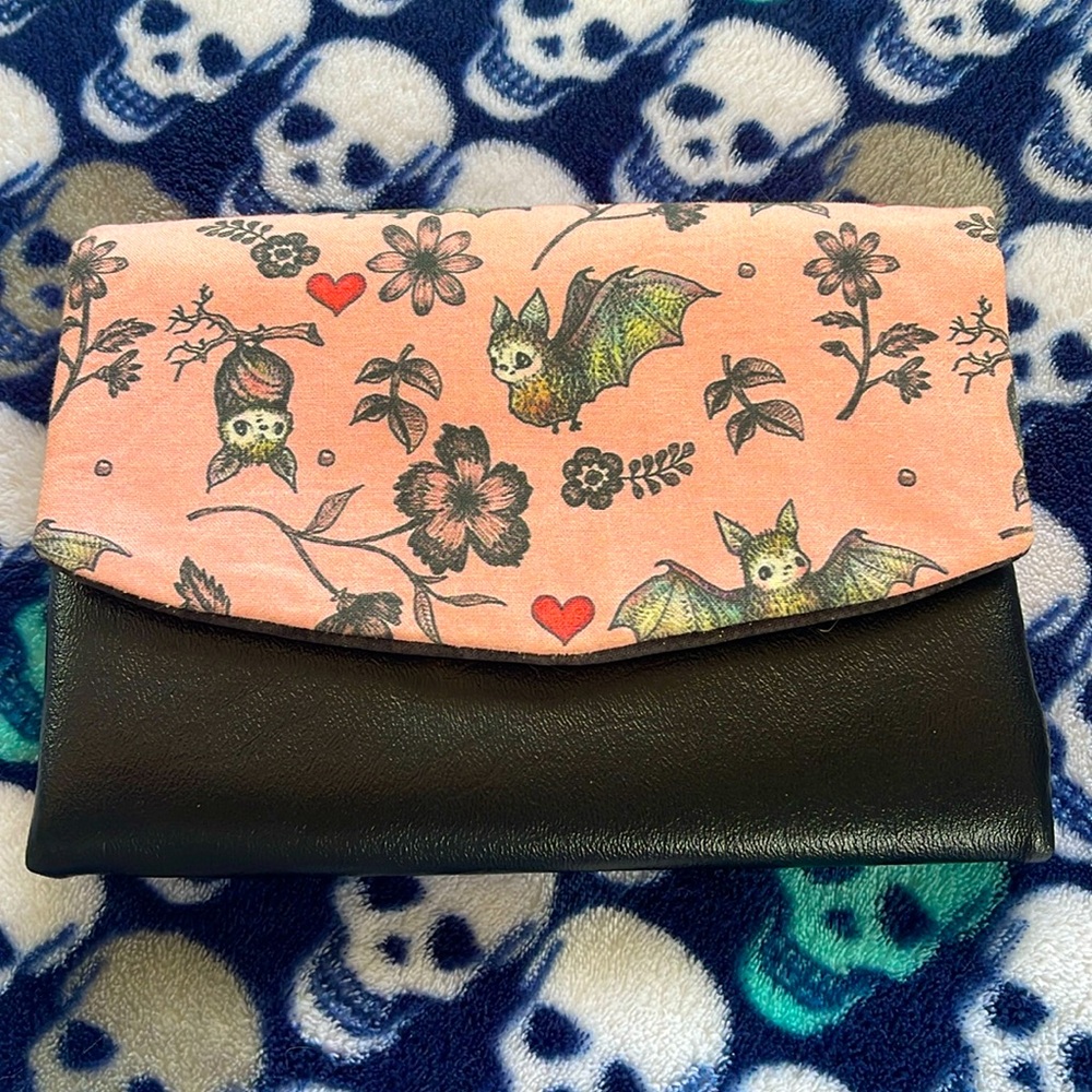 Pink and Black Wallet/Clutch with Floral Bat Pattern and Vegan Leather NWOT